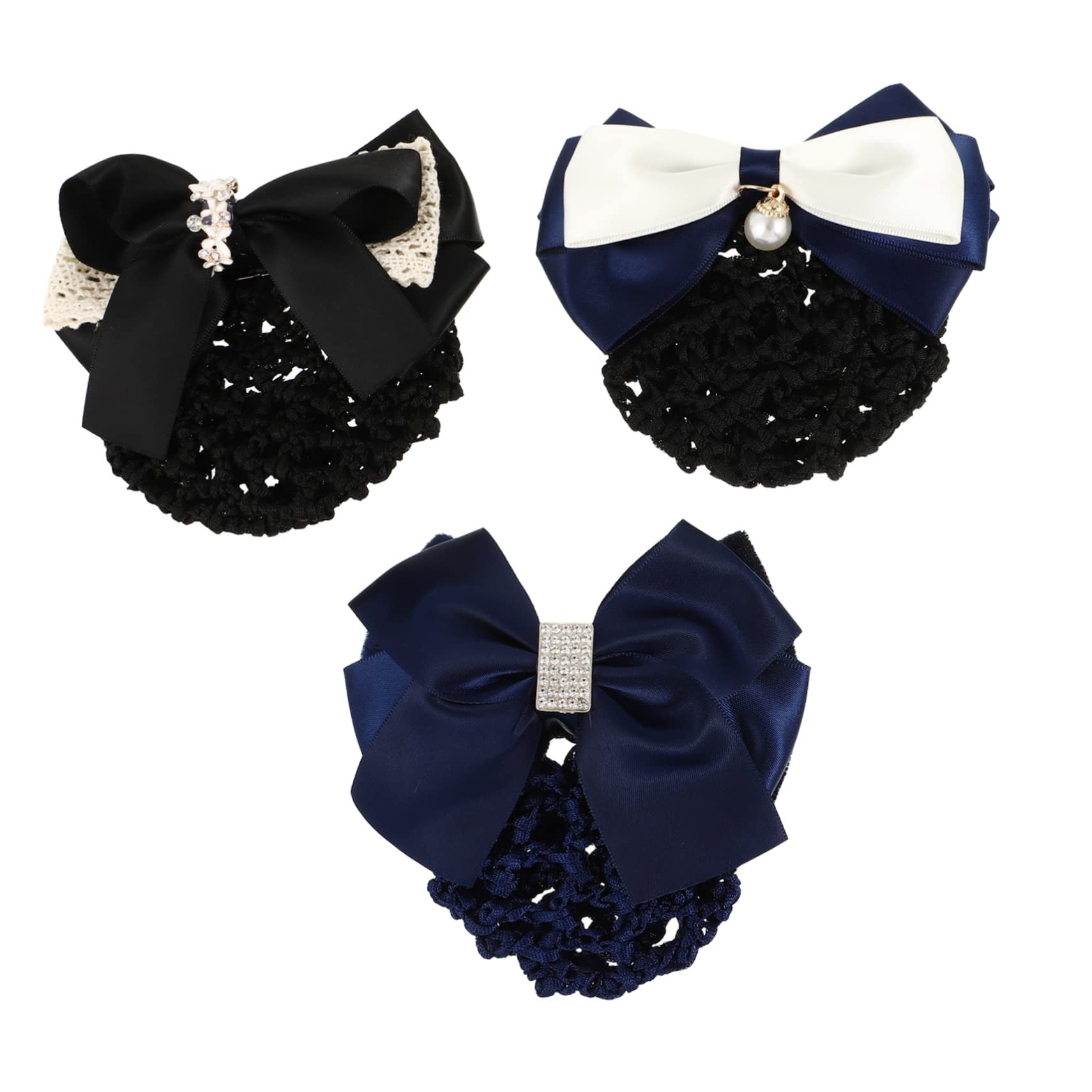OSOLADY 3Pcs Women Hair Snood Elastic Bun Bow Headdress Includes Willow Lace Black Hanging Pearl Blue Large Rhinestone Dark Blue for Elegant Hair Styling at Work Parties