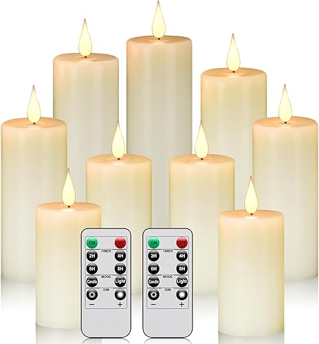 Miniatura 1 de Velas LED sin llama, funciona con pilas, mecha 3D con control remoto de 10 botones de teclas, temporizador de 24 horas, juego de 9 pilares