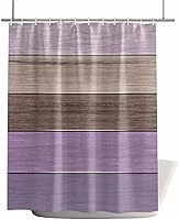 Vista 2 de Juego de cortinas de ducha impermeables con tablero de madera de granero morado, rayas marrones, estándar de 66 x 72 pulgadas, cortina de baño