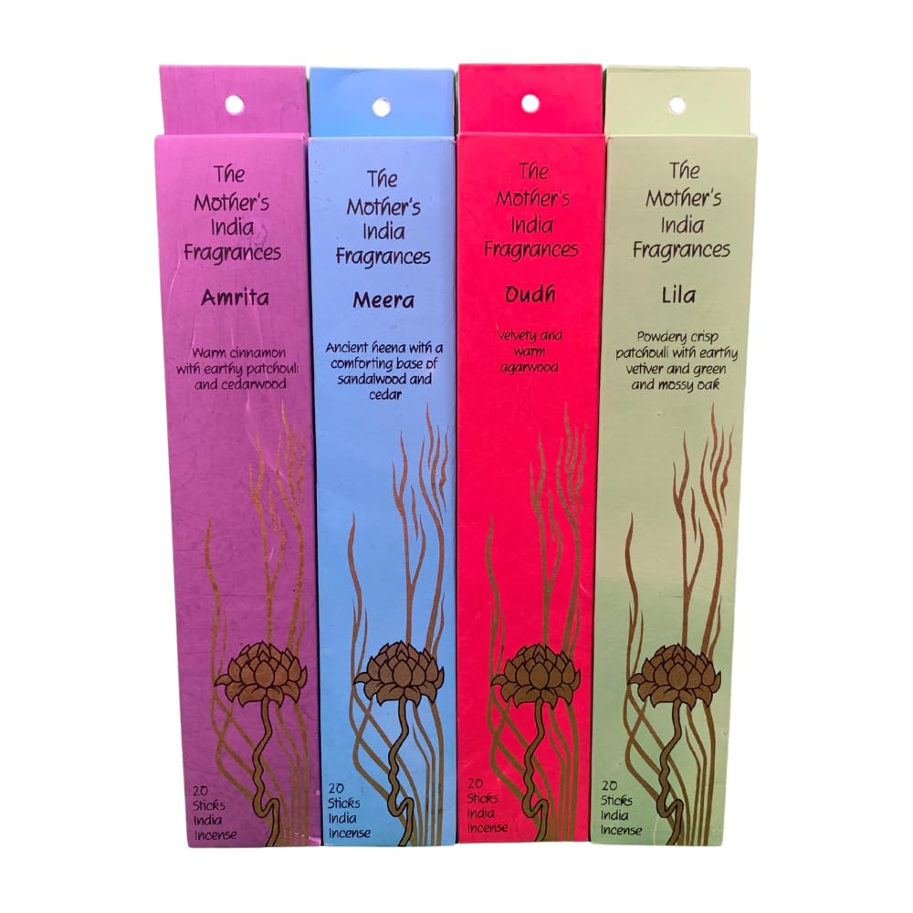 Giftlocaluk Multicolor Mother India Protection & Energy Incense Sticks Set – 4 Pack (Amrita, Meera, Lila, Oudh) – Spicy & Earthy Natural Incense For Grounding, Vitality & Cleansing (80 Sticks)