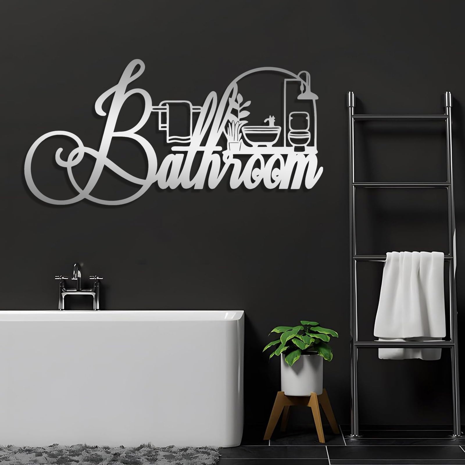 Letrero de pared de metal con humor sobre el baño, letrero moderno para baño, placa decorativa negra de 15 x 30 pulgadas para la decoración del baño y el hogar. (48L"x23W")