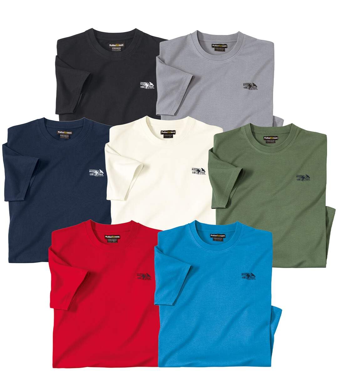 ATLAS FOR MEN - Pack of 7 Men's Cotton T-Shirts - Black Red Green Grey Blue White Navy - L