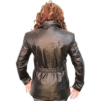 Womens Leather Jacket with Buttons and Loose Belt Black at