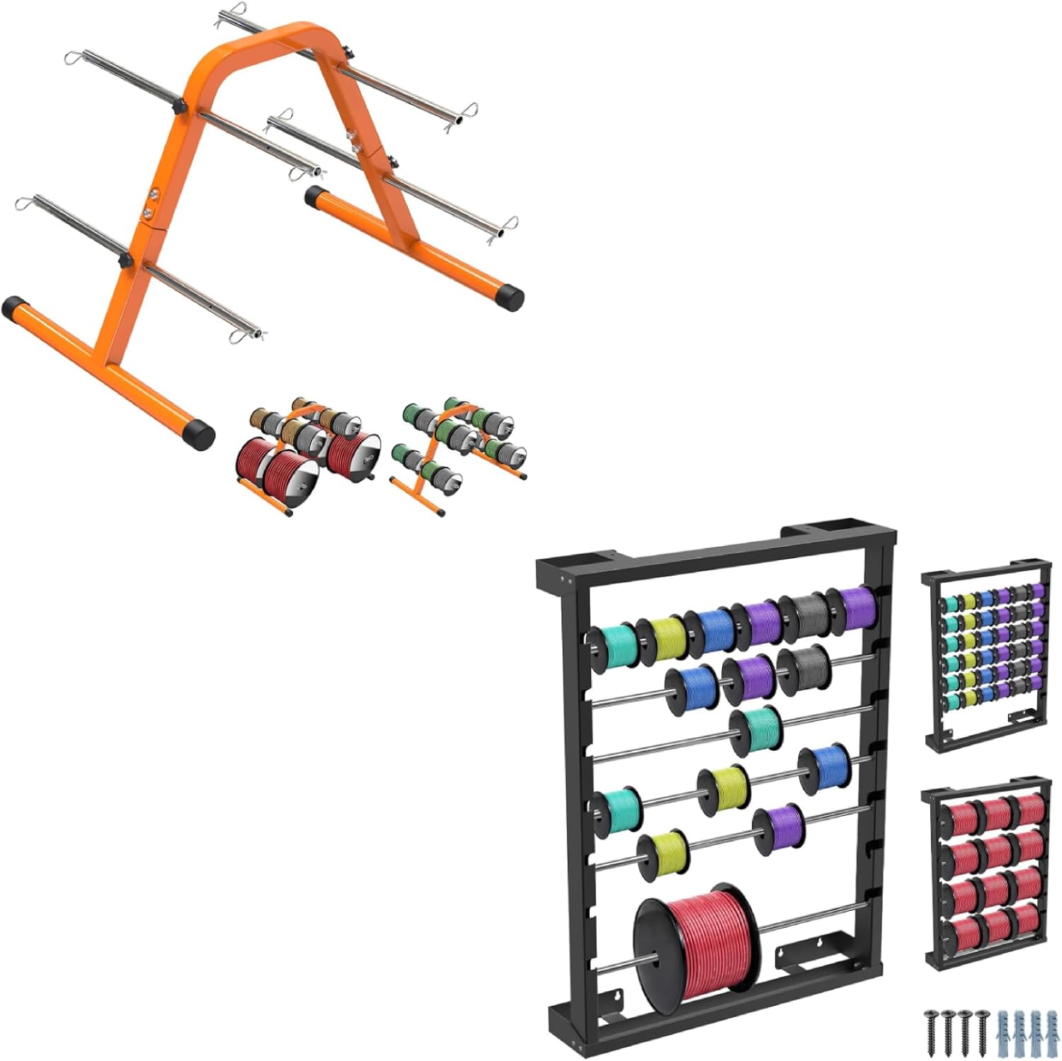 SELEWARE Heavy Duty Wire Spool Caddy & Wall Mounted Rack Bundle, Portable and Wall-Mounted Wire/Cable Dispenser with Stainless Steel Rods for Electrical, Industrial, and Retail Storage