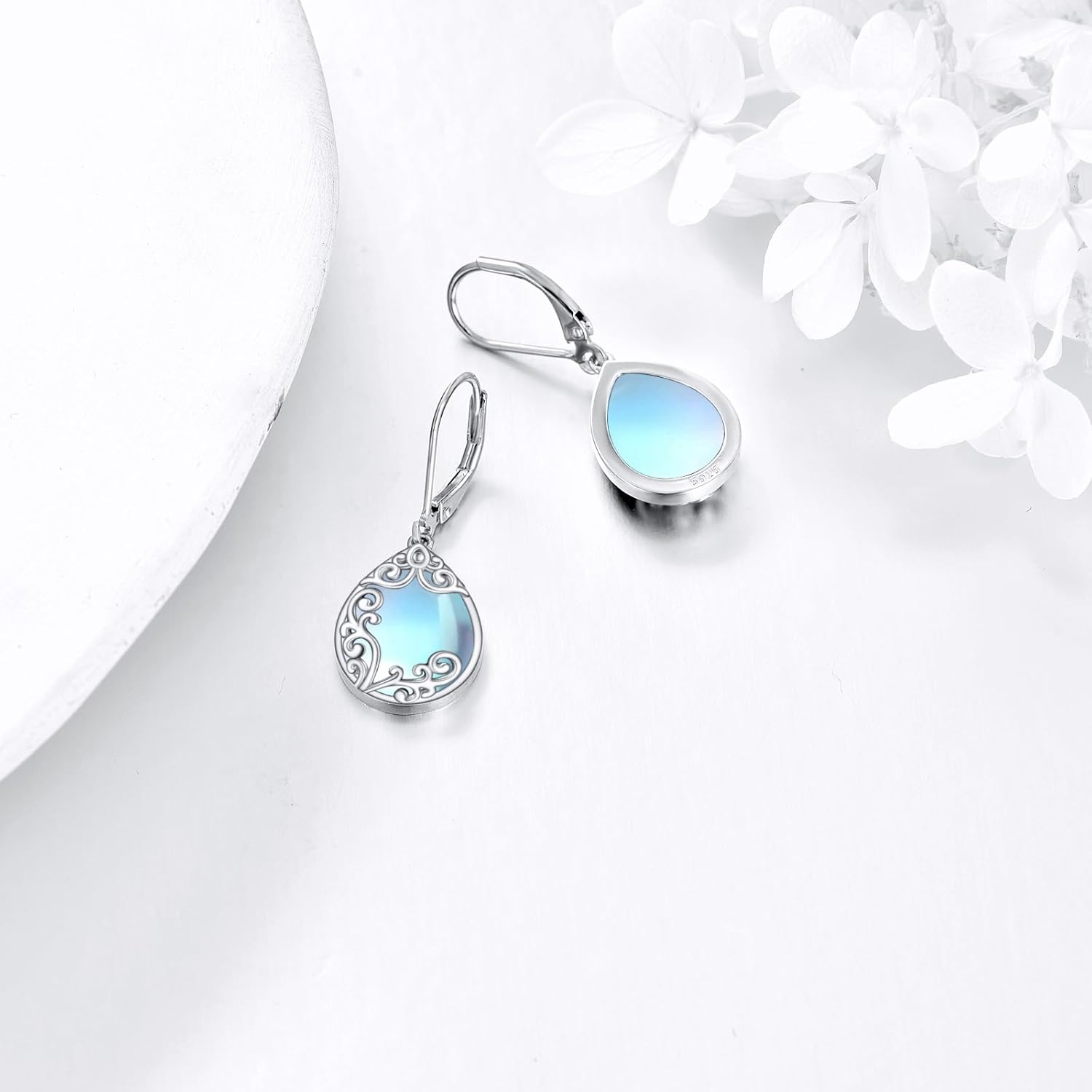 Filigree Earrings Sterling Silver Teardrop Moonstone Moss Agate Lapis Lazuli Larimar Emerald Peridot Opal Dangle Dangly Drop Leverback Earrings Boho Jewelry Gifts for Women - Image 4