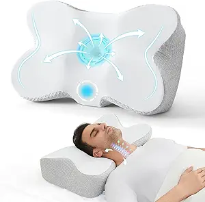 JOLLYVOGUE Cervical Neck Pillow for Pain Relief Memory Foam Side Sleeper Pillow with Cooling Pillowcase, Ergonomic Design for Back Stomach Sleepers, Medium, White