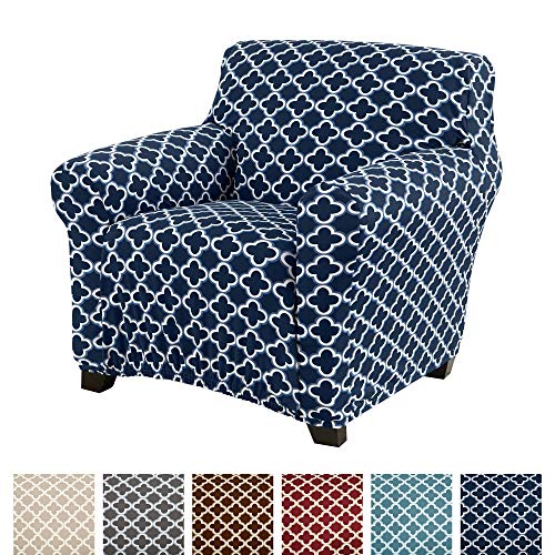 Great Bay Home Printed Twill Arm Chair Slipcover. One Piece Stretch Chair Cover. Strapless Arm Chair Cover For Living Room. Fallon Collection Slipcover. (Chair, Navy) #TOP6