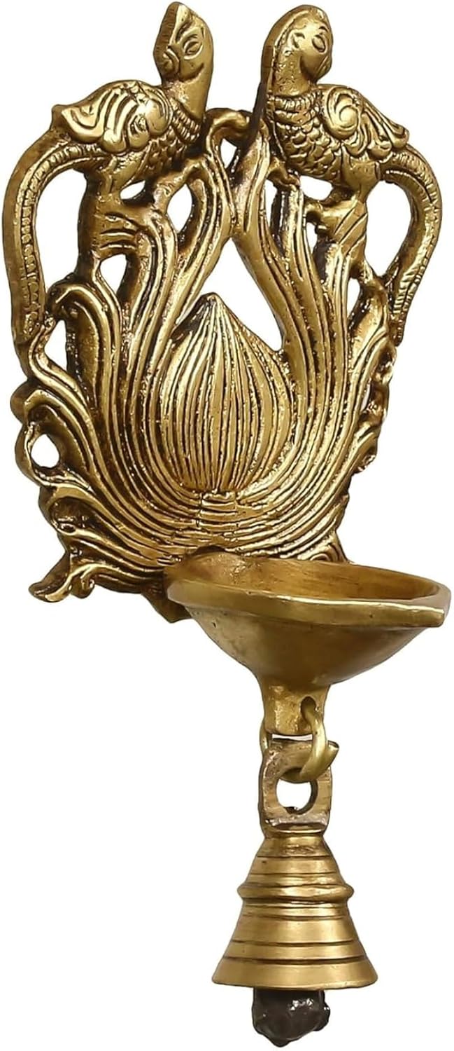 Decorative Brass Wall Hanging Diya with Bird Design, Traditional Oil Lamp with Bell, Antique Finish (Handcrafted Brass)