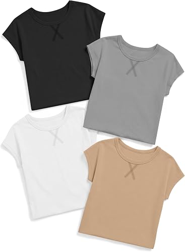 Oakgarden 4 Pack Girls' Short Sleeve T Shirts, 4-Color, 5-6 Years