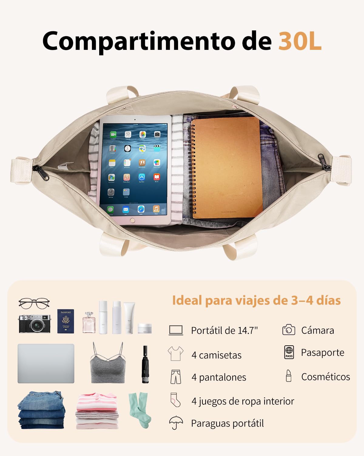 ECOHUB 30L Bolsa de Viaje Mujer, 45x36x20 Equipaje de Mano Avion, Bolsa Gimnasio Mujer con Bolsillo Húmedo Extraíble, Plegable Bolso Maternidad Hospital, Patente Pendiente(Beige) | Equipaje Cabina Bajo Asiento con Bolsillo Húmedo para Fin de Semana y Gimn