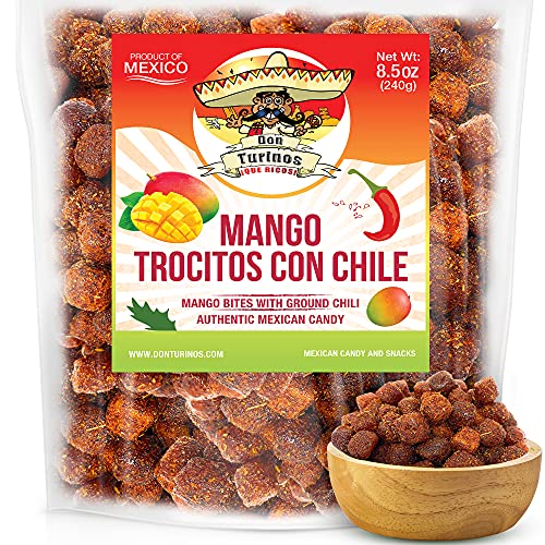 Authentic Chili Mango Mexican Candy Bites, Mango Con Chile Trocitos, A Sweet, Tangy and Spicy Treat. Dulce De Mango 8.5 oz. Bag by Don Turinos
