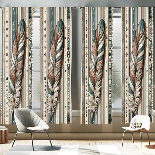 Ambesonne Bohemian Window Curtains Pack of 2, Bold and Big Feather Motif on Southwestern Inspired Striped Print, Lightweight Set with Rod Pocket, 4 Panels of - 28" x 95", Cadet Blue Beige and Brown
