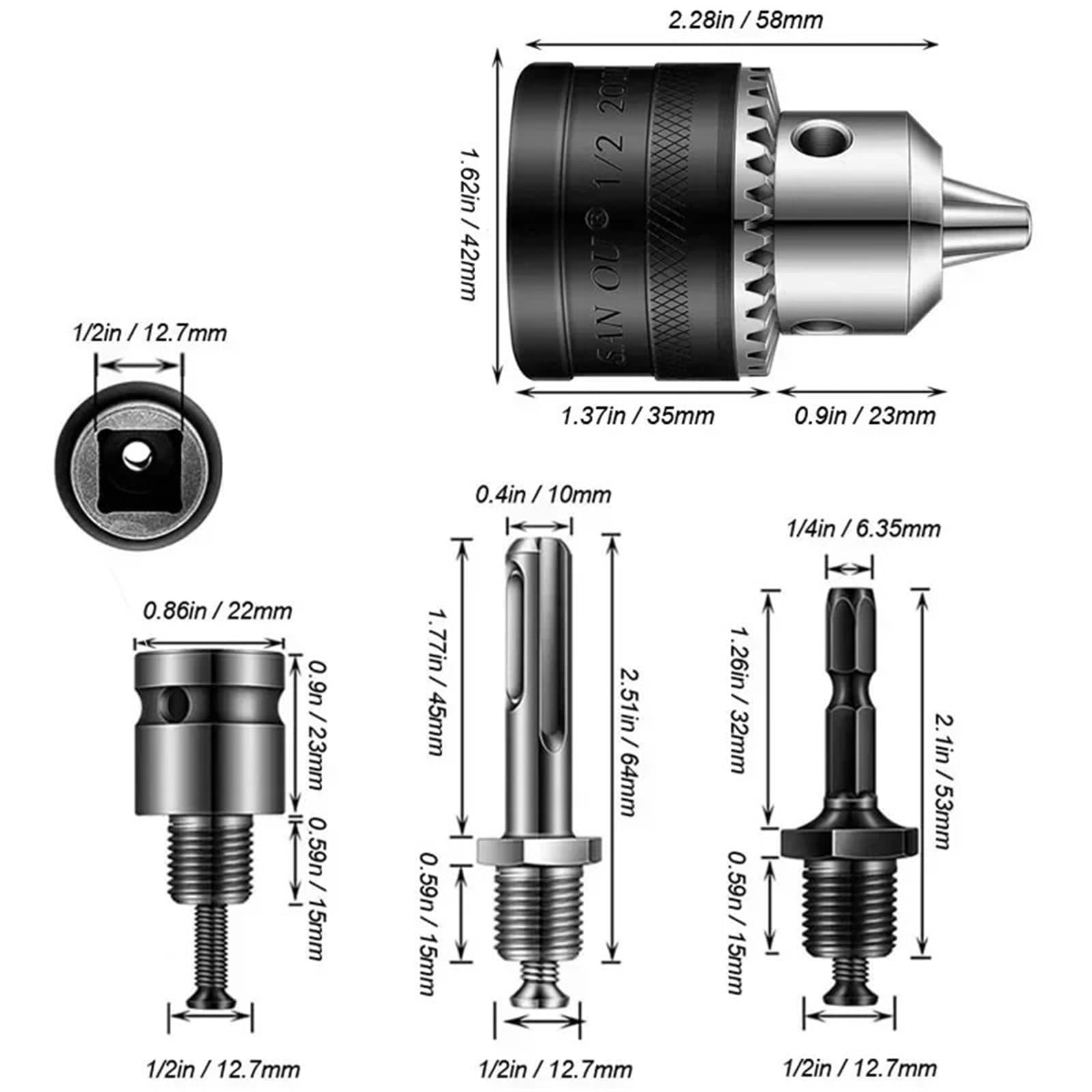 Convertitore da 1,5-13 mm 1/2 20UNF Chiave Mandrino Trapano Adattatore a Cambio Rapido SDS 1/4 Avvitatore a Impatto Biella Esagonale(B (3pcs Set))