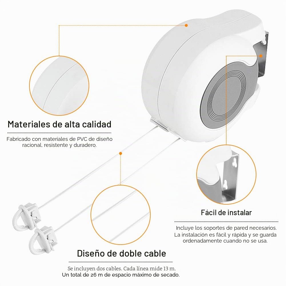 Tendedero Extensible 13 Metros, Cuerda para Tender Ropa Retractil Tendederos Plegables de Pared Exterior Abatible Cuerda para Tenderete, para Balcón Jardín Zona Interior