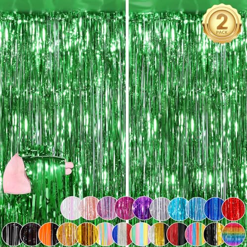 Green Fringe Curtain Party Streamers 2Pack 3.3 x 8.3 Ft Foil Fringe Backdrop Curtains for Birthday...