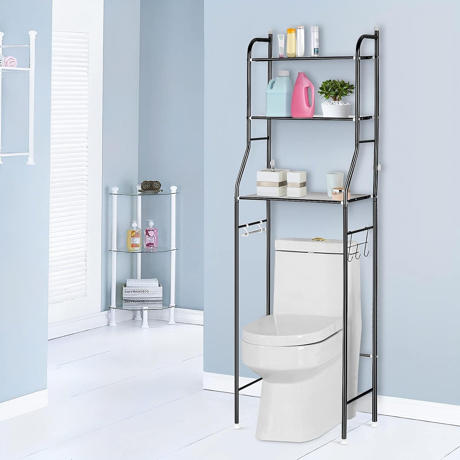 M.J COMFY-LIFE 3-Tier Over Toilet Storage Rack - Space Saving Bathroom Shelf Organizer | Steel Freestanding/Wall-Mountable Design | Holds Towels, Toiletries & More (Black)