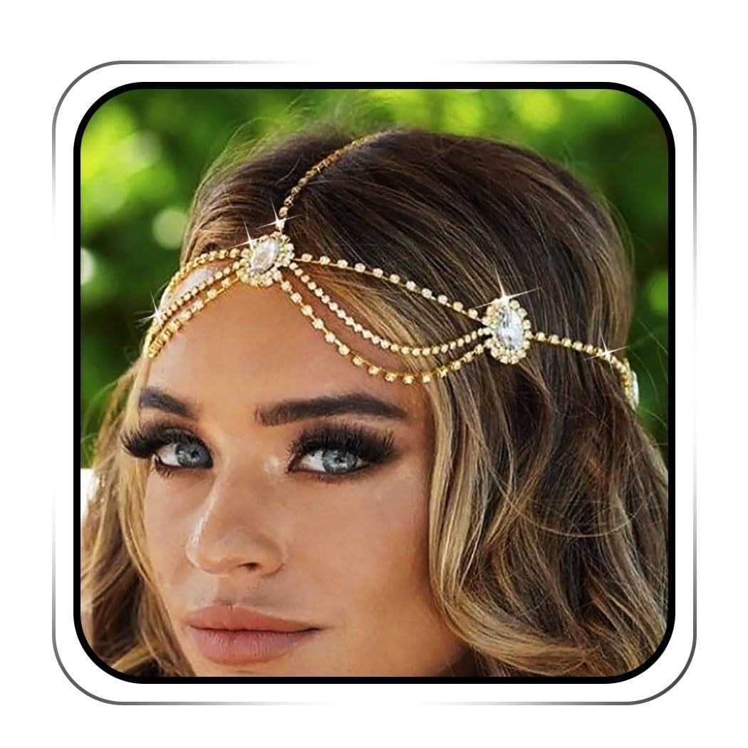 IYOU Crystal Bridal Head Chain Silver Bride Headpiece Rhinestone Headband Hair Piece Festival Wedding Hair Accessories for Women (Gold)