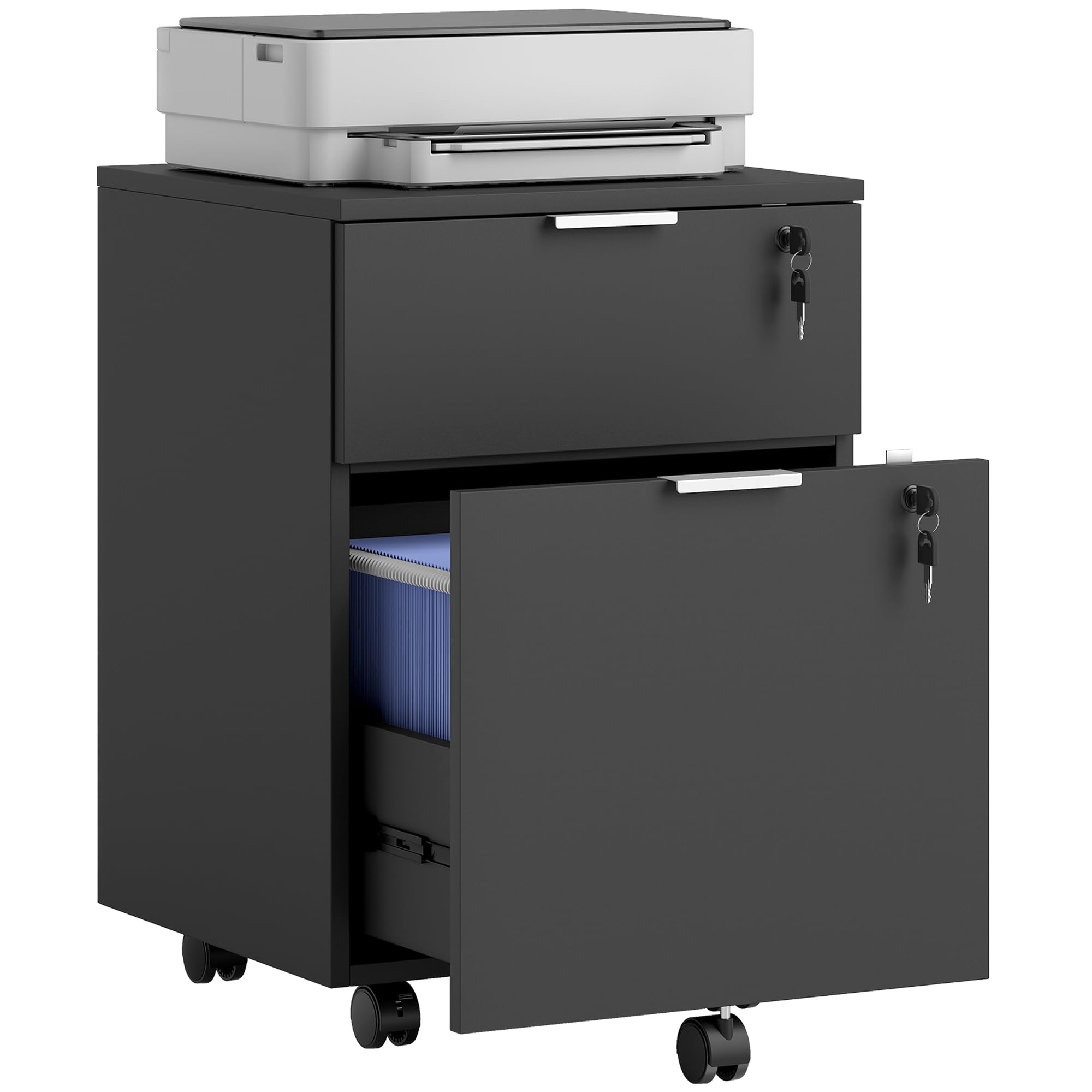 HOMCOM Mobile File Cabinet Wheels 2 Drawer Black