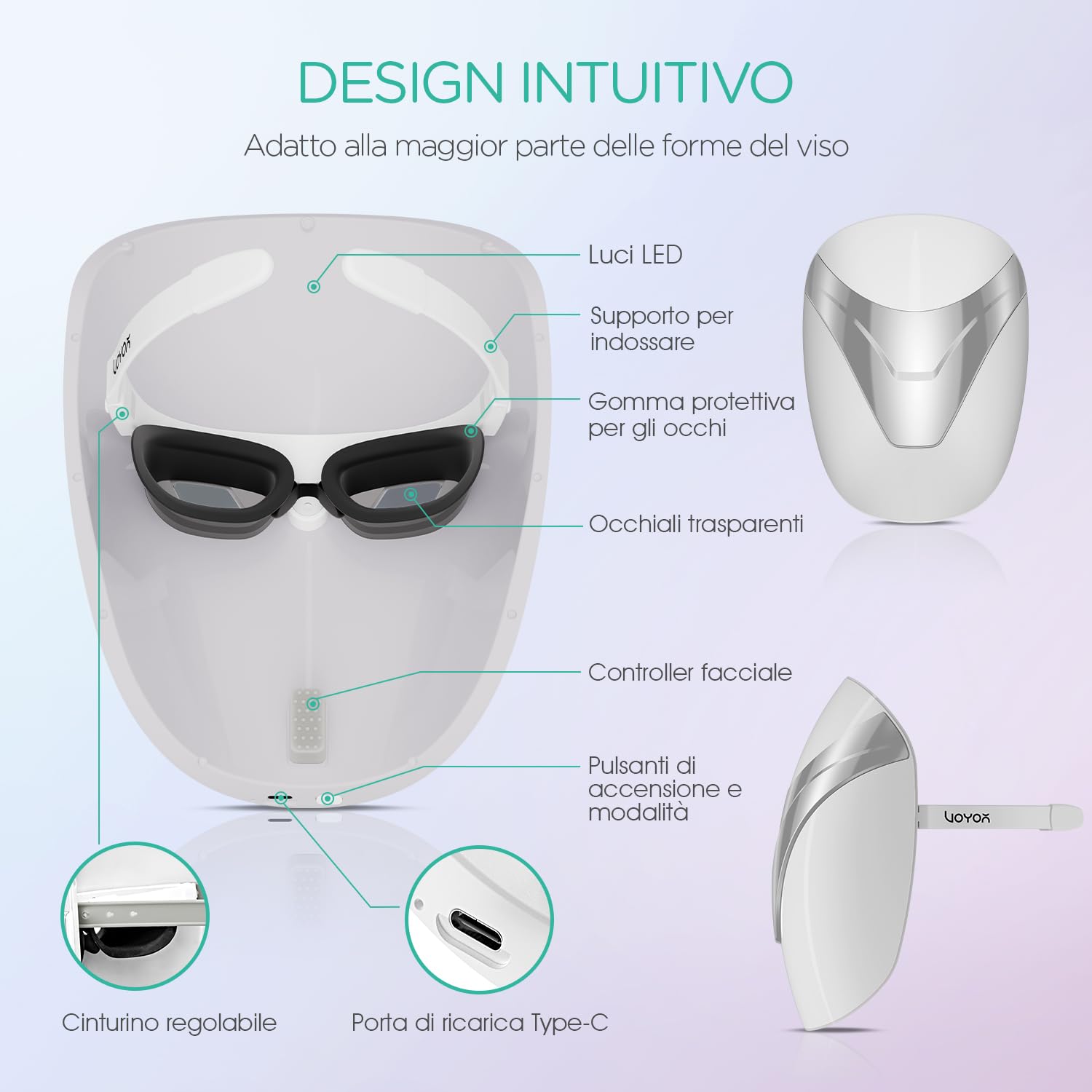VOYOR Maschera LED, Maschera Viso con Terapia a Luce Rossa/Blu/Viola | Trattamento con Timer, Supporto Confortevole, Senza Filo, Facile da Usare, Anti-età & Migliora l'Aspetto della Pelle, BM100