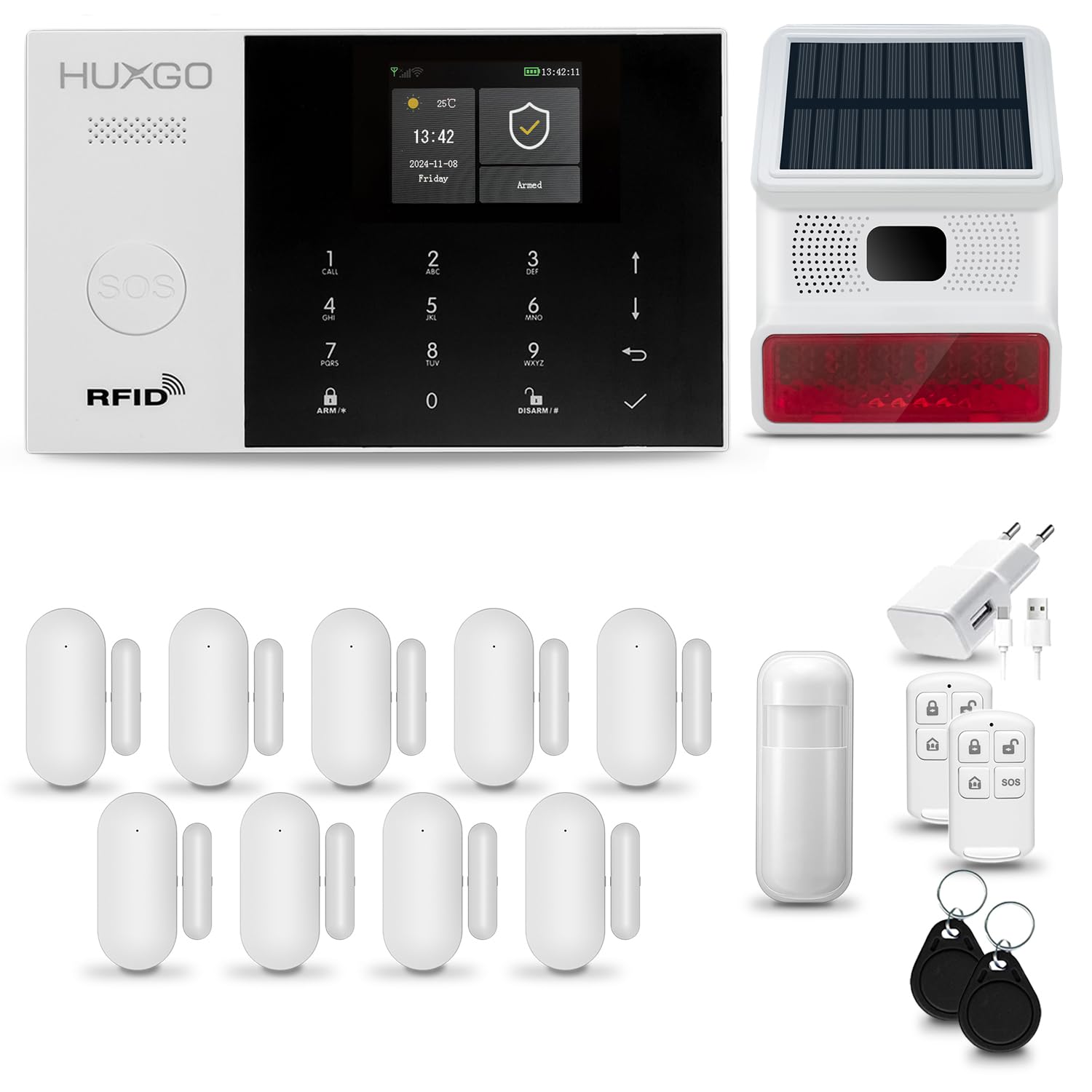 HXA005 Wireless Alarm System with Outdoor Siren WiFi + gsm 4G | Alarm Kit with 1x Motion Sensor, 9X Door/Window Alarms | Language Spanish