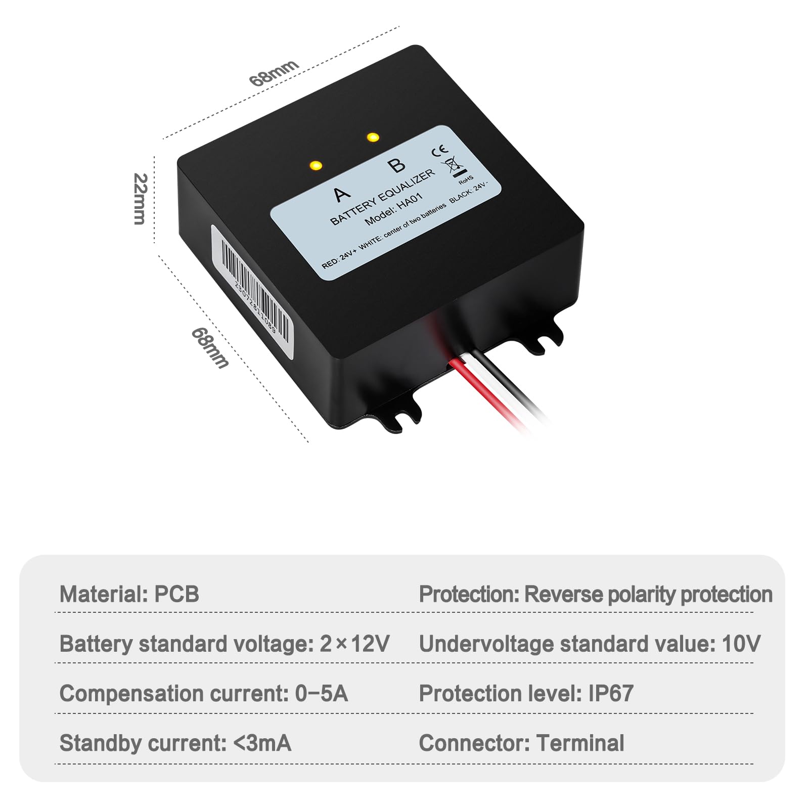 Jadeshay Batterie-Equalizer, 24V Batterie-Equalizer 2 x 12V Solarsystem-Batterie-Balancer for Blei-Säure-Lithium-Batterien