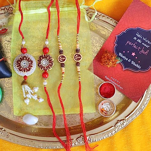 Image of TIED RIBBONS Rakhi Set 4 for Brother and Bhabhi with Chocolates Gift - Premium Lumba Rakhi Set with Chocolates Chawal Roli Chawal and Mini Greeting Card - Bhaiya Bhabhi Rakhi's with Gift