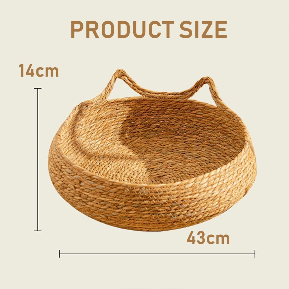 سرير قطط منسوج من القش من بورتالوف، سرير دائري 43 سم للحيوانات الاليفة الصغيرة مع وسادة ناعمة، سرير للحيوانات الاليفة قابل للازالة والغسل للقطط او الكلاب الصغيرة