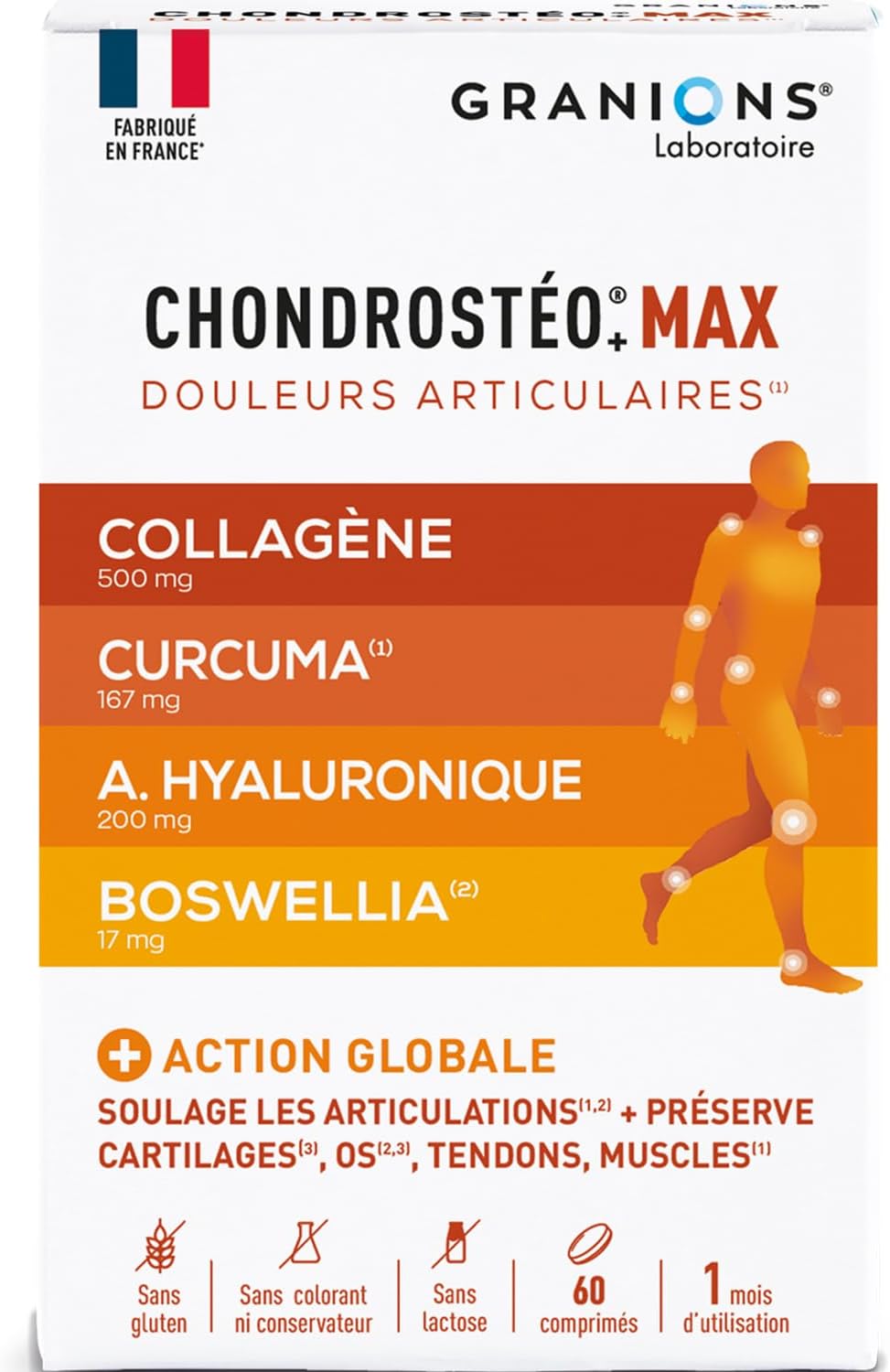 GRANIONS CHONDROSTEO+ MAX – Marine Collagen + Hyaluronic Acid + Turmeric + Copper + Bromelaine + Vitamin D3 – Turmeric – Collagen Joint Pain – 60 Tablets 1 Month Made in France