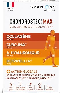 GRANIONS CHONDROSTEO+ MAX - Collagene Marin + Acide Hyaluronique + Curcuma + Cuivre + Curcuma + Bromelaine + Vitamine D3 - Collagene Douleurs Articulaires - 60 Comprimés 1 mois Fabriqué en FRANCE
