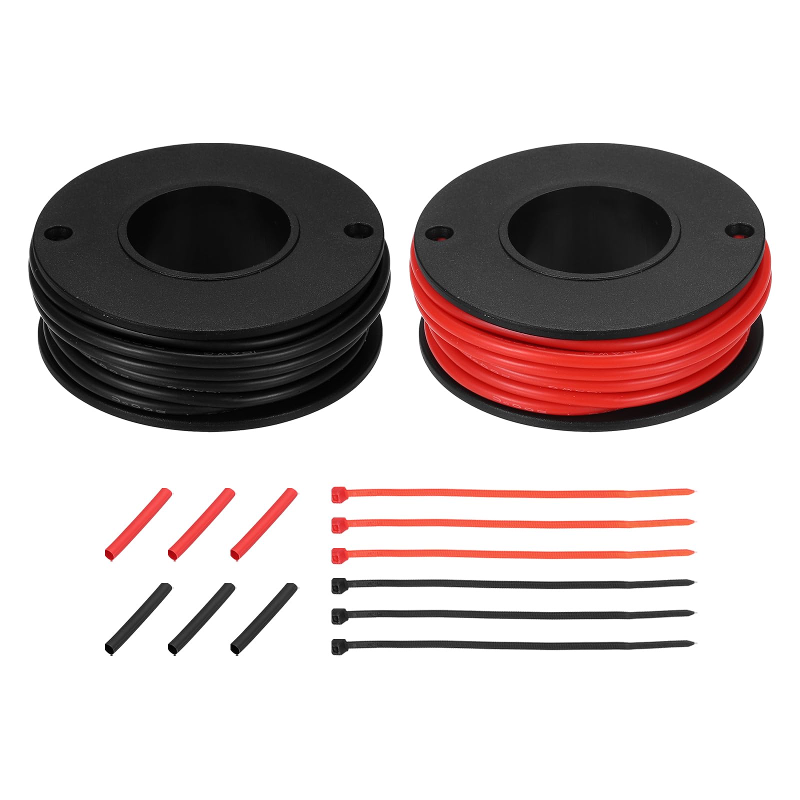 sourcing map 2pcs 18 AWG Silicone Electrical Wire Spool, 18 Gauge 4.6m/15ft Tinned Copper Electrical Wires with Heat Shrink Tubing & Cable Ties for Automotive, RV Inverter - Red & Black