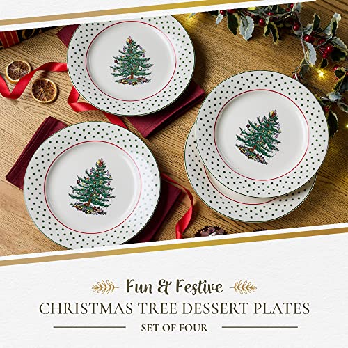 Spode Christmas Tree Collection Dessert Plates, Set Of 4, Polka Dot Design, Use For Dessert, Appetizers, Or Salad, Measures At 8-Inches, Dishwasher And Microwave Safe #TOP1
