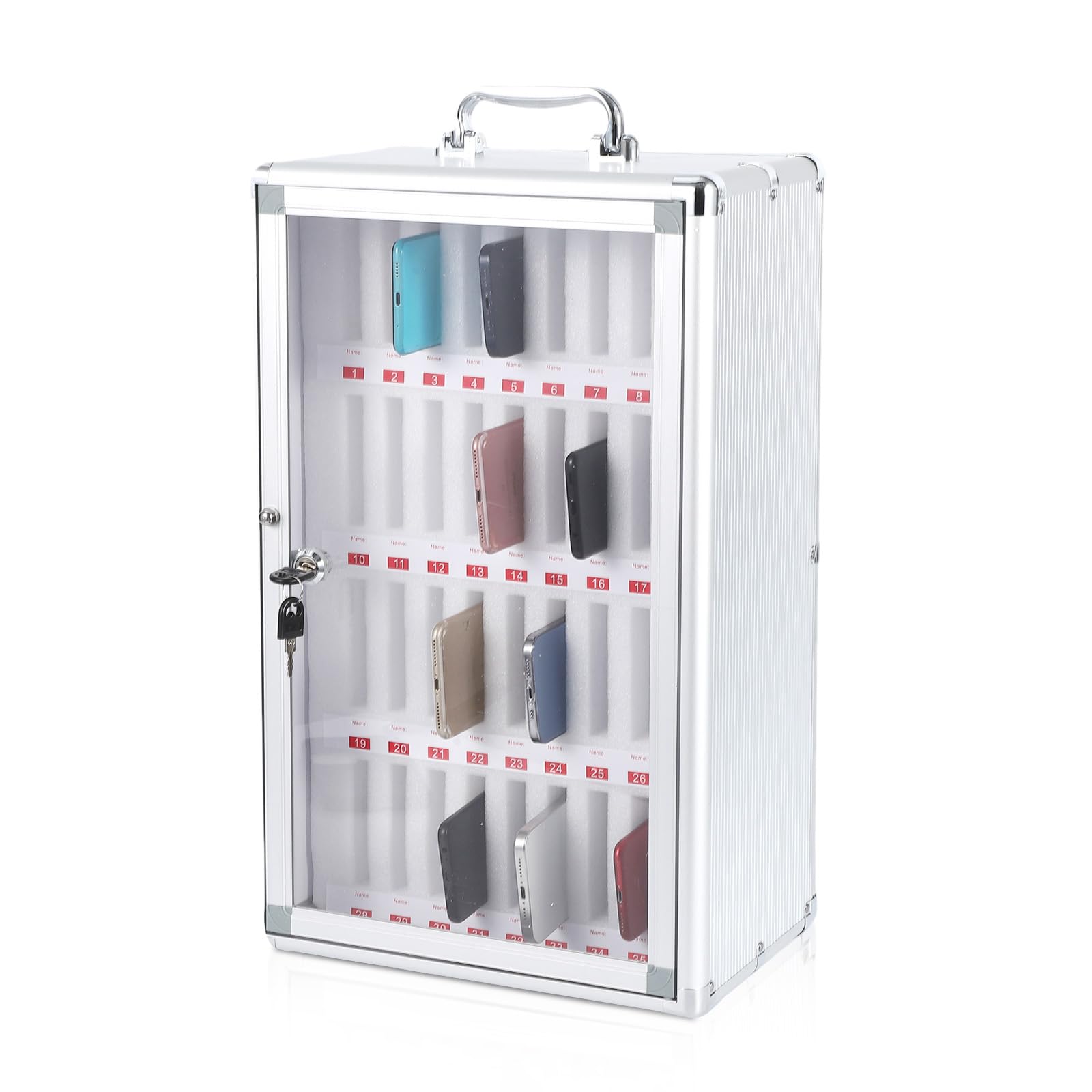 Garvee Handy-Aufbewahrungsschrank 36 Handys, Handy Safe mit Schloss, Wandmontage & Tragbarer Handy-Organizer, Aluminiumlegierung, Silber