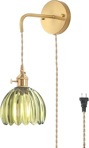 Miniatura 25 de Lámpara de pared vintage con pantalla de cristal de tulipán ámbar, aplique de pared colgante con cable de enchufe de 4.9 pies, lámpara de pared