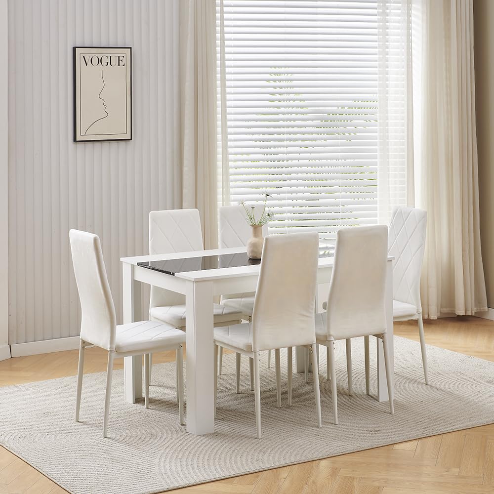 Menaka Wood Dining Table and Chairs Set of 4, Small Rectangular Kitchen Dinner Table with 4 Seaters (argyle grid white velvet chairs, 120m line table, 6 seaters)