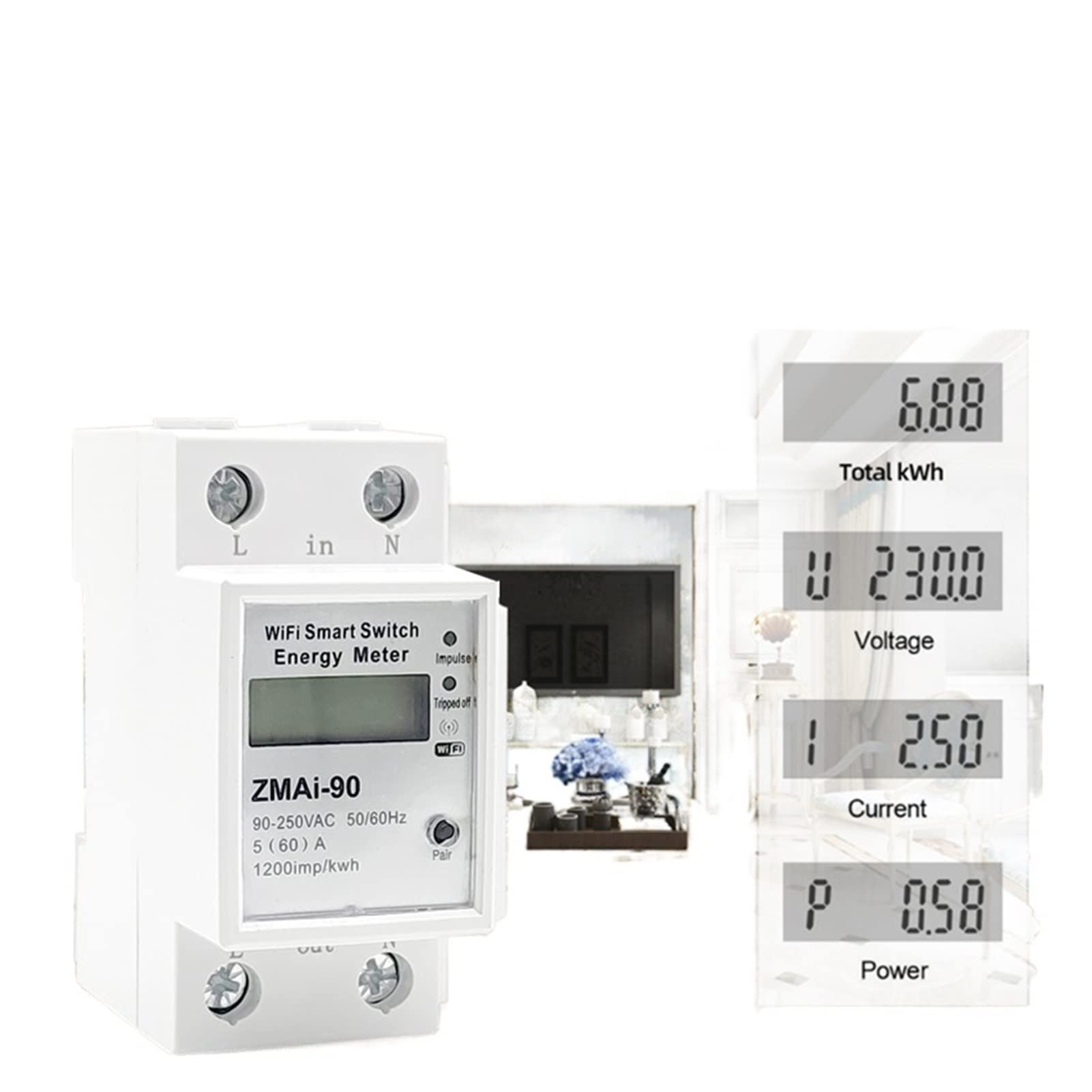 eEnergy Monitor 5 (60) A WiFi Kwh Medidor digital de consumo eléctrico KWh DIN Rail Medidor de energía inteligente WiFi Medidor de potencia con pantalla Medidor de electricidad