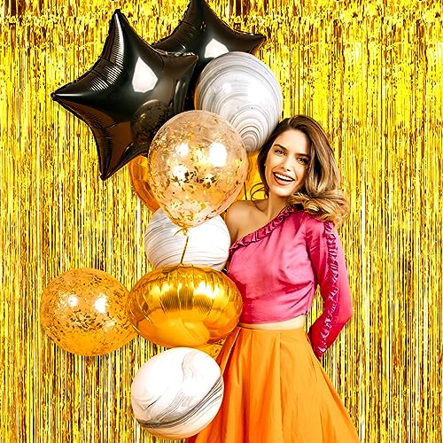 Image of 6 Pack Gold Foil Fringe Curtain Backdrop, 3.28Ft x 8.2Ft Metallic Tinsel Foil Fringe Streamer Curtains for Photo Booth, Christmas Day, Thanksgiving, Wedding, New Year Party Decorations