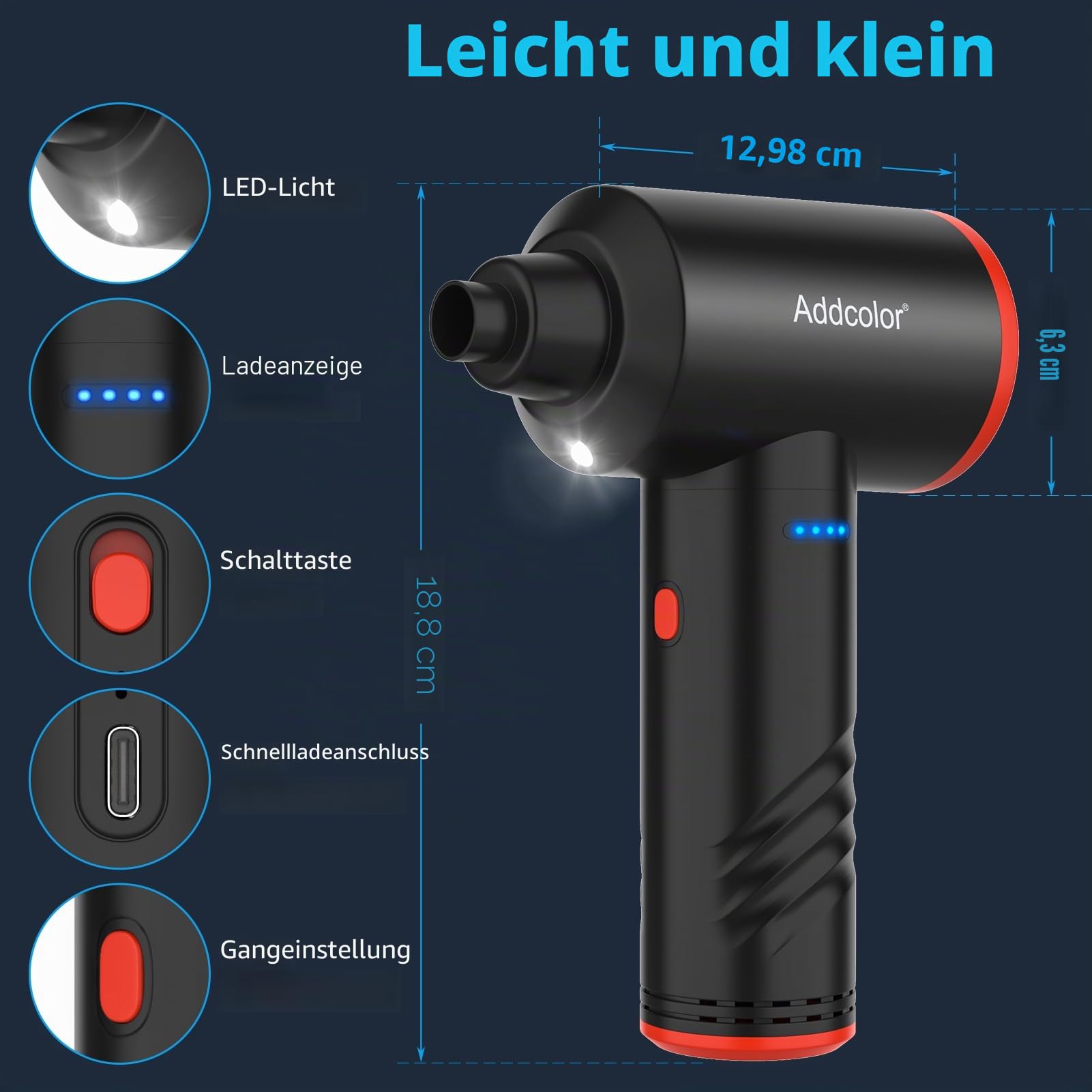 Elektrische Staubgebläse, 3-Gang 100000 U/min Compressed Air Duster Mit LED-Licht, Wiederaufladbar Druckluftspray mit 6000mAh Akku, PC Reinigungsset für Tastatur, Auto, Sofa