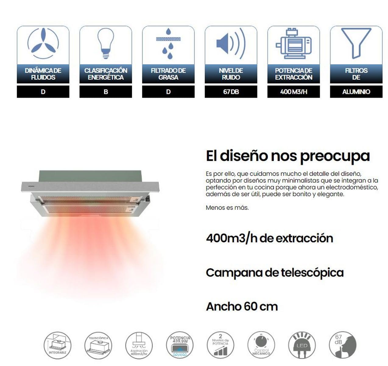 Infiniton CMPE-64ABL Hotte Extatrice 400 m3/h de puissance, largeur 60 cm, encastrable, 2 niveaux de puissance, lumière LED, B, Inox