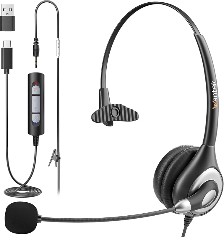Wantek Headset wtih Mic, USB Headset with Microphone for PC, Computer Headset with Noise Canceling Microphone with Mute for Home Office Online Skype Zoom Meetings