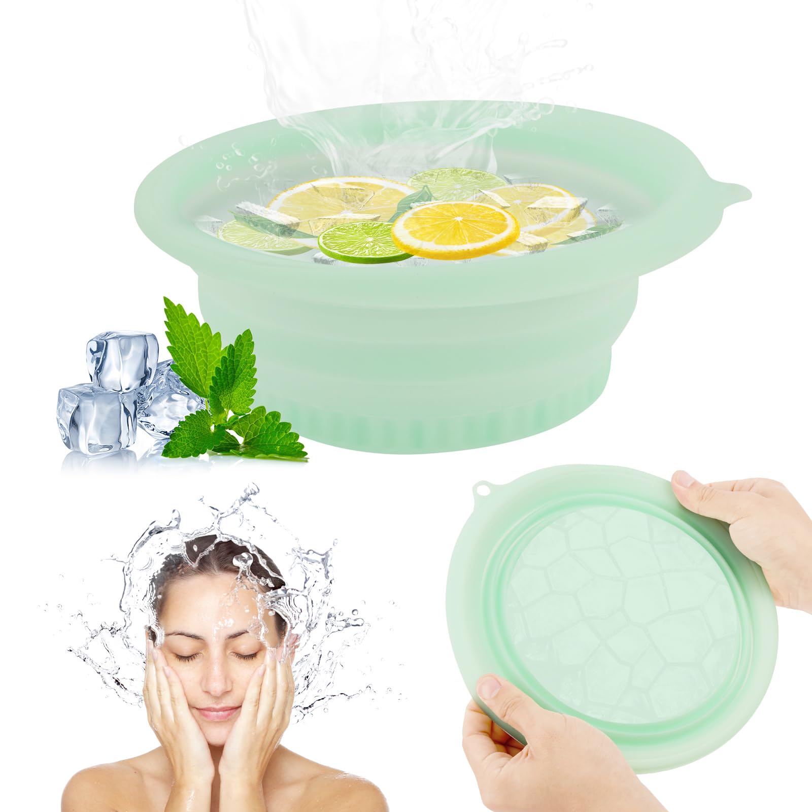 Face Bowl for Ice, Quick Cooling Foldable Silicone Wash Basin with Built-in Ice Tray, Portable Washing Basin for Puffiness Relief,Soothe Skin,Bathroom Accessories (Green)