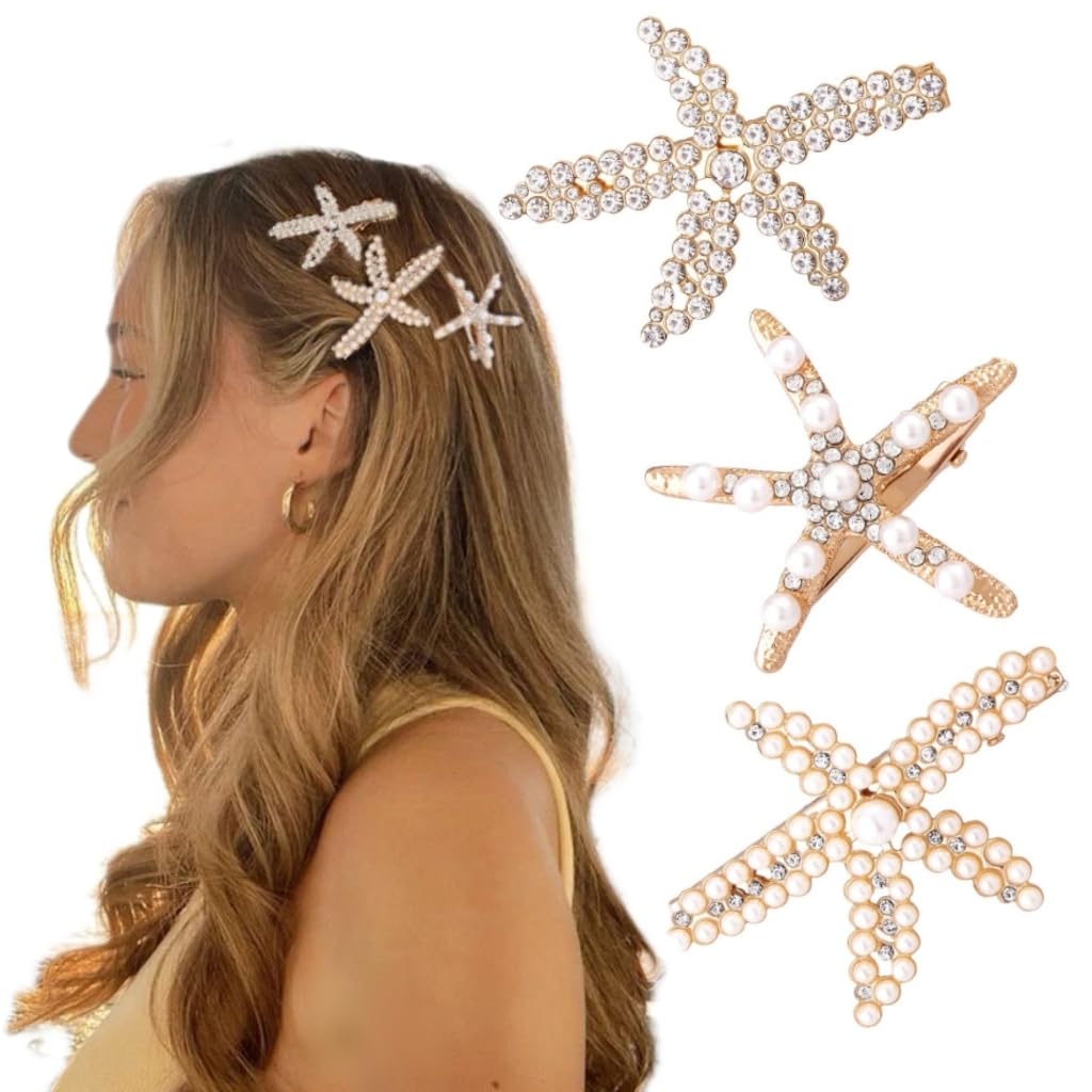 3Pcs Starfish Hair Clips, Gold Rhinestone Pearls Hair Pins, Sea Star Hair Barrettes, Mermaid Accessories