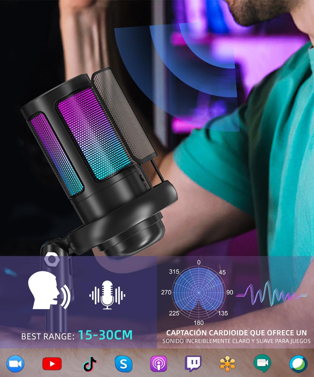 Microfono da gioco TAIMEI, microfono RGB per PC con cancellazione del rumore e silenzio, per streaming, giochi, podcast, YouTube, TikTok, computer, cellulare
