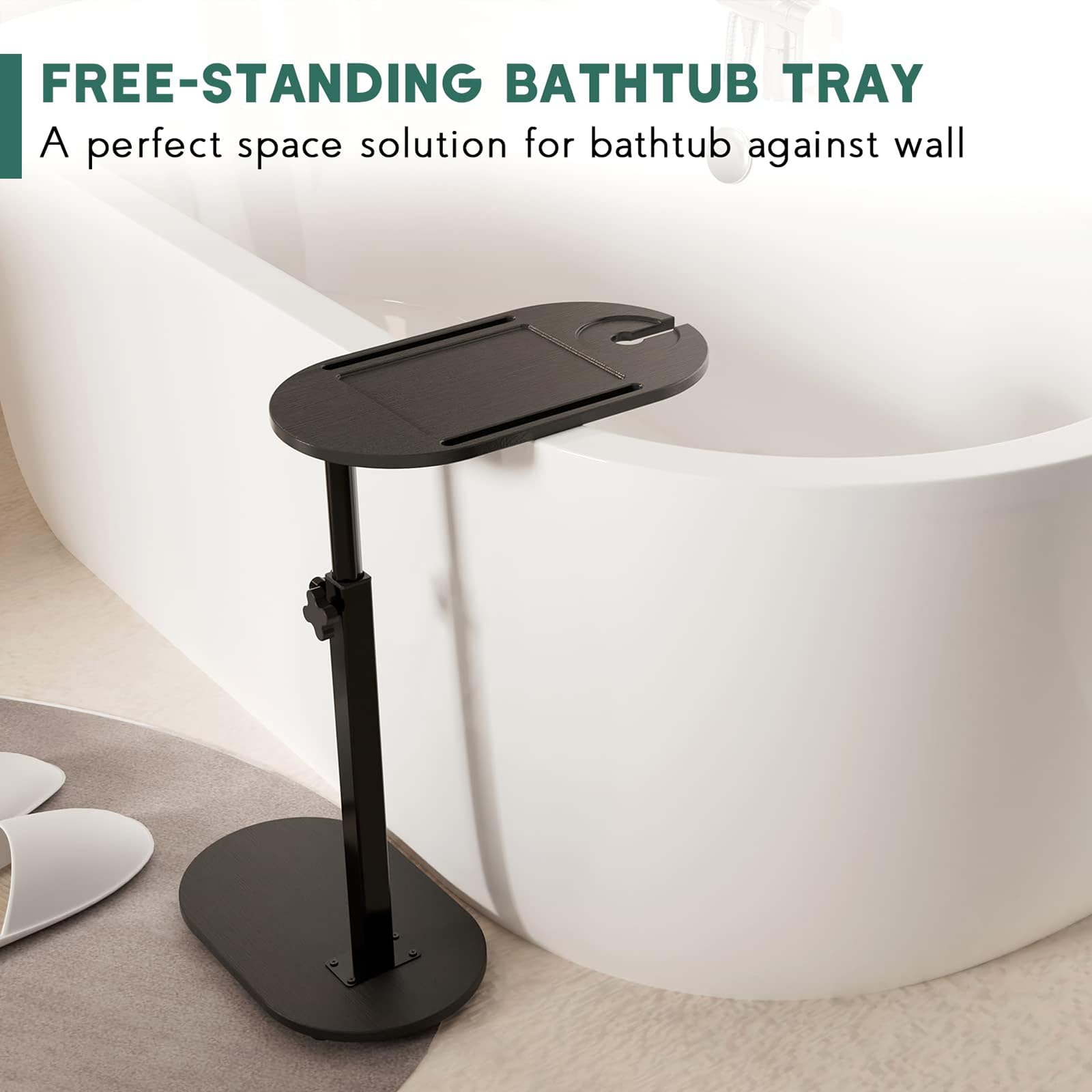 Tavolo Vassoio per Vasca da Bagno in bambù con Altezza Regolabile, Contenitore per Vasca da Bagno freestanding con Base in Metallo, Regalo Doccia per Le Donne,Nero