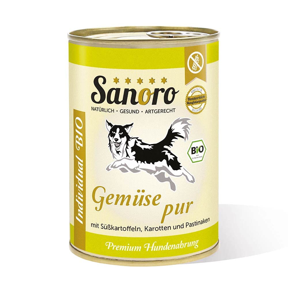 Sanoro Gemüse/Obst Mix pur - Premium-Hundefutter in Bio-Qualität - Mix aus Bio-Süßkartoffel, Bio-Karotte und Bio-Pastinake, salzfrei - vegetarischer Barf-Zusatz (12 x 400 g)