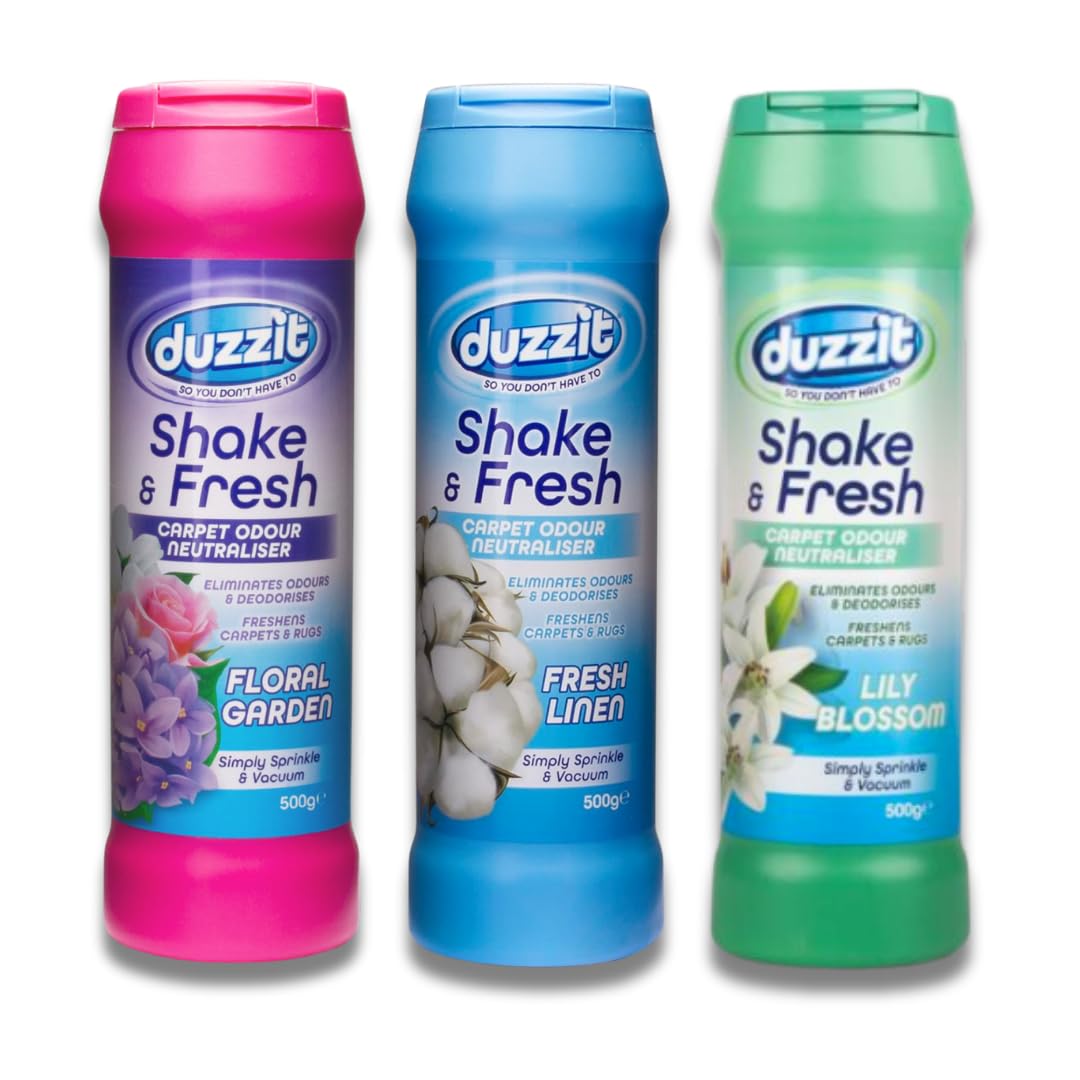 Shake and Vac Carpet Freshener and Odour Neutraliser Set of 3 Assorted Scents (Fresh Linen, Lily Blossom, Floral Garden), 500g Each, Carpet Deodorizer Powder by Great British Home