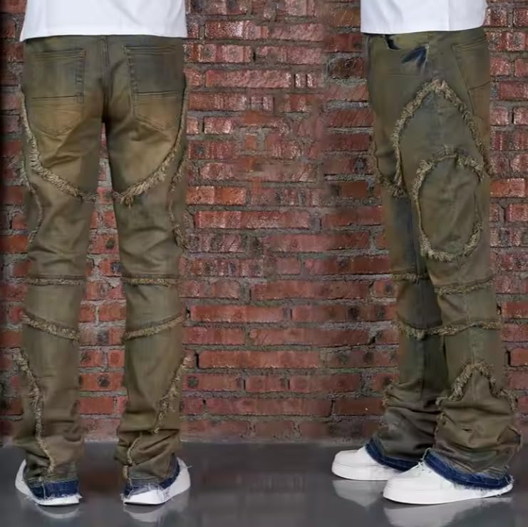 Men's Loose-Waist Denim Jeans with Frayed Edges and Layered Legs, Casual and Retro Men's Denim Pants3