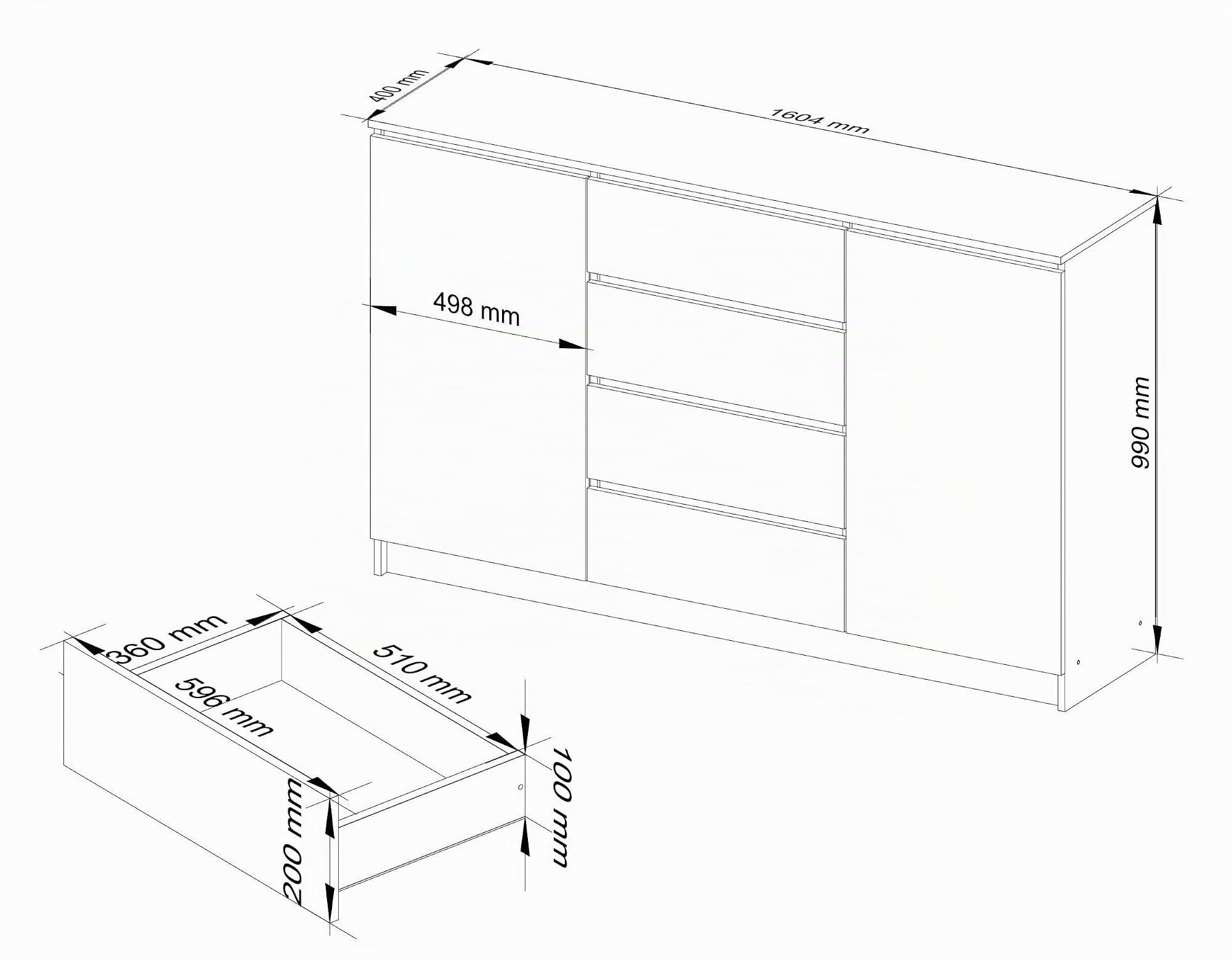 AKORD Kommode K 160 cm | 4 Schubladen und 2 Türen | für Wohnzimmer Schlafzimmer Schrank Wohnzimmer | Modernes Funktionelles Design | Schichtstoffplatte 16mm | Handwerk Eiche
