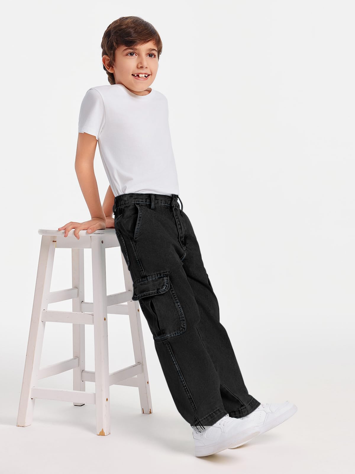 Haloumoning Chłopięce spodnie cargo dziecięce Baggy Jeans Casual spodnie rekreacyjne jesień modne spodnie jeansowe z elastycznym ściągaczem, 5-14 lat