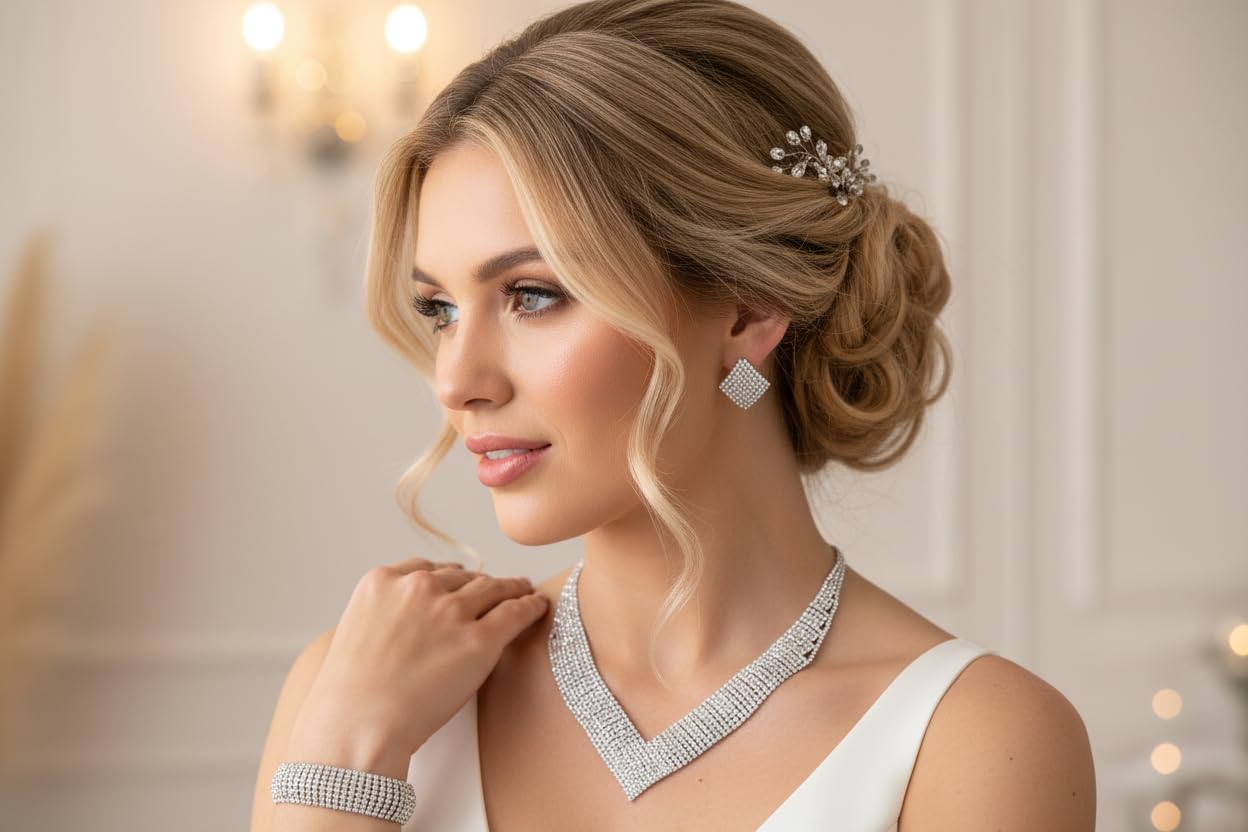 XXL Schmuckset Damen Silber – 3-teiliges Strass Collier Halskette Ohrringe & Armband – Glitzertraum Brautschmuck für Hochzeit Abiball Jugendweihe Kommunion Ball