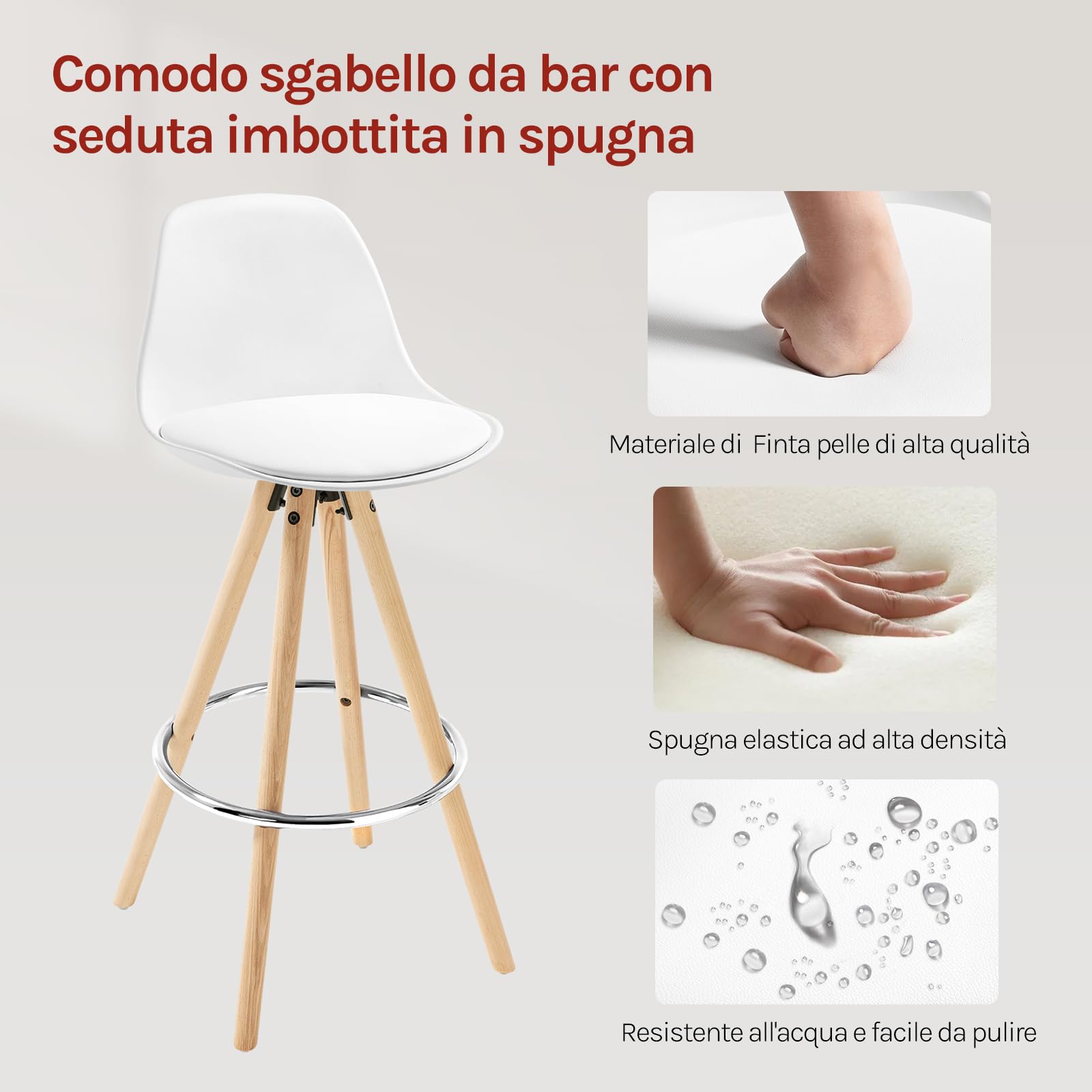 WOLTU Sgabelli Bar Set di 2, Sedia Alta con Schienale e Poggiapiedi per Isola Cucina, Pub, Sala da Pranzo, in Gambe Legno, PU, Bianchi